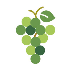 Flat vector illustration of a bunch of green grapes with a leaf, symbolizing fruit, wine, and healthy eating themes.
