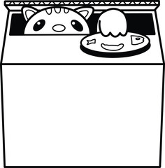 Outline style of cute cat inside a cardboard box with fish button toy illustration