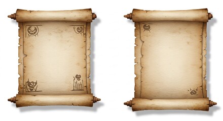 Two Aged Parchment Scrolls with Ornate Borders on White Background