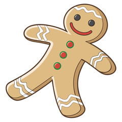 A gingerbread man cookie with white icing on limbs, red and green candy buttons, and a smiling face with black eyes and a red mouth, set against a white background.