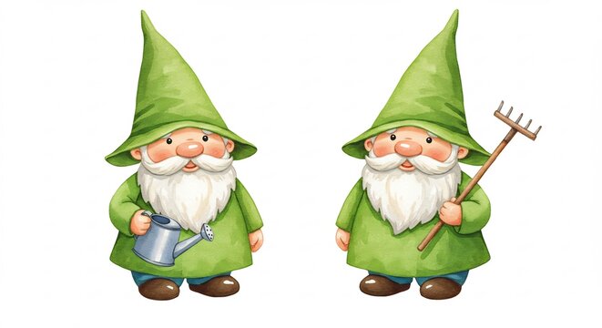Two Green Gnomes with Watering Can and Rake