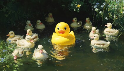 Playful yellow rubber duck among real ducklings in a tranquil pond nature scene close-up view family fun