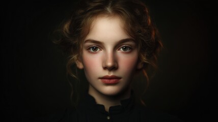 Fototapeta premium Classic Portrait of a Girl with Fair Skin Bathed in Soft Lighting and Captivating Expression