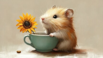 Chubby hamster holds sunflower seed, sitting in teacup with soft pastel lavender backdrop.