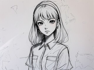 Anime teenage girl makeup artist on art line drawing in plain white background
