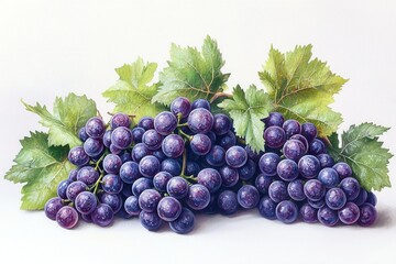 Fototapeta premium Fresh Bunches of Purple Grapes with Green Leaves on White Background for Natural and Organic Food Themes
