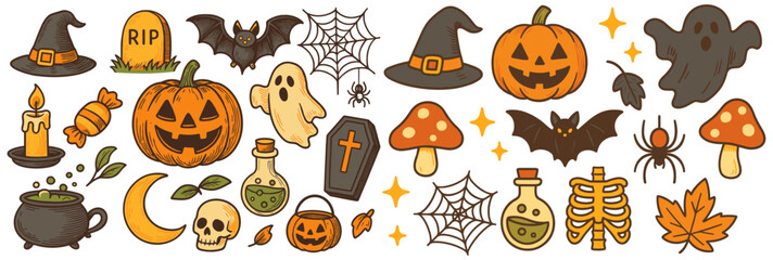Colorful Halloween icons arranged in a playful pattern offering a cheerful take on spooky elements
