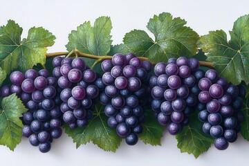 Fototapeta premium Fresh Purple Grapes with Green Leaves on White Background - Vibrant and Juicy Fruit Display for Healthy Eating and Natural Food Concepts