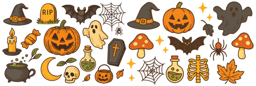 Colorful Halloween icons arranged in a playful pattern offering a cheerful take on spooky elements