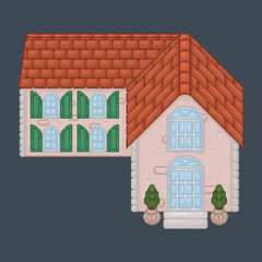 top view L shape home building in pixel art style with isolated background