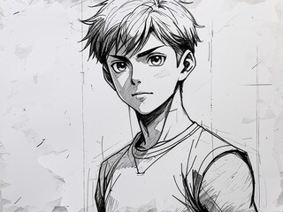 Anime young boy athlete on art line drawing in plain white background