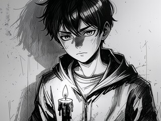 Anime young boy candlelight mage in flickering shadow manga style on art line drawing in plain white background