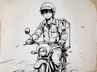 Anime young boy delivery rider on art line drawing in plain white background