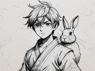 Anime young boy moon rabbit herder in mythical creature manga style on art line drawing in plain white background