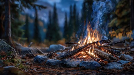 Cozy campfire scene, warm flames illuminating a tranquil forest, tall trees silhouetted against a...