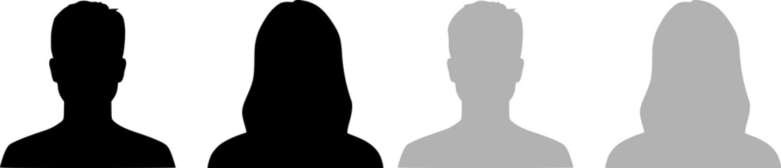 Set of icon avatar profile icon in silhouettes. Profile icon. Avatar icons set. Male and female head silhouettes. Man and woman avatar profile. Male and Female face silhouette icon.