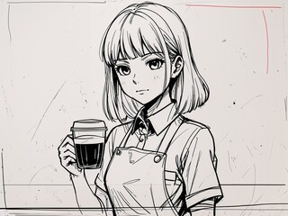 Anime young girl barista in loose sketch manga style on art line drawing in plain white background