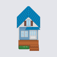 top view blue roof tile home building in pixel art style
