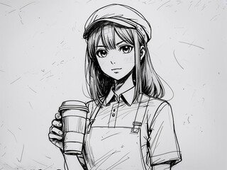 Anime young girl barista in loose sketch manga style on art line drawing in plain white background