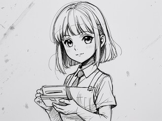 Anime young girl cashier in outline only chibi style on art line drawing in plain white background