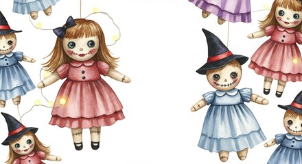 Watercolor Halloween Dolls Seamless Pattern