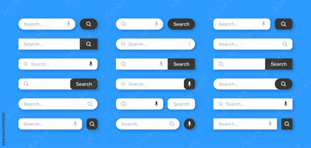 Fototapete Various search bar templates. Internet browser engine with search box, address bar and text field. UI design, website interface element with web icons and push button. Vector illustration