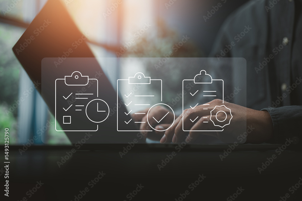 Aufkleber Task Management Interface. Digital checklist icons symbolize effective task monitoring and progress tracking on a tech interface.