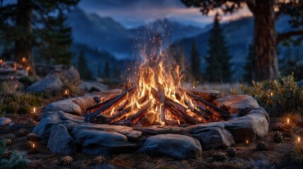 Warm campfire glowing at night, cozy atmosphere surrounded by nature, perfect for storytelling and...