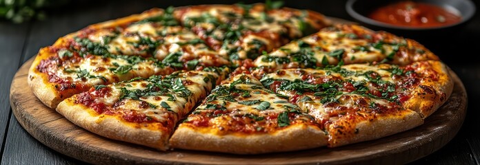 Classic pizza with crispy crust, pepperoni, mozzarella, oregano, served on wooden board.