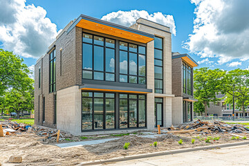Modern home with large windows situated in a tranquil neighborhood under a bright blue sky