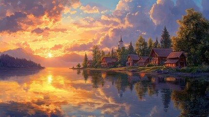 Fototapeta premium Golden Sunset over Lakeside Village