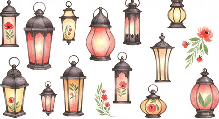Watercolor Painting of Various Lanterns and Poppies