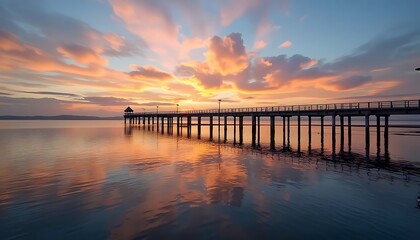 Pier Extending Into Calm Water During Vibrant Sunset Reflection