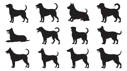 Silhouette Dog Icons Set, Different Poses and Breeds