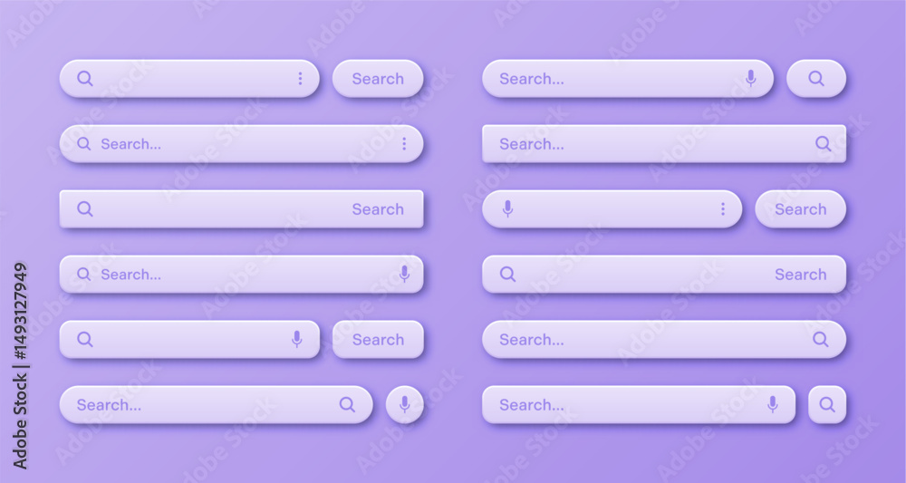 Fototapete Colorful 3d search bar templates. Internet browser engine with search box, address bar and text field. UI design, website interface element with web icons and push button. Vector illustration