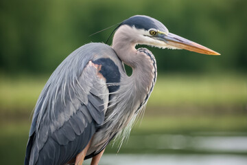 Fototapeta premium A bird perches on the edge of a calm body of water, its feathers glistening in the sunlight