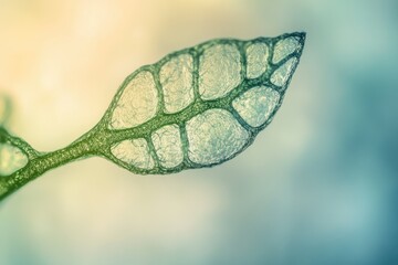 Microscopic view of a leaf's cellular structure, revealing intricate details of its veins and cells.