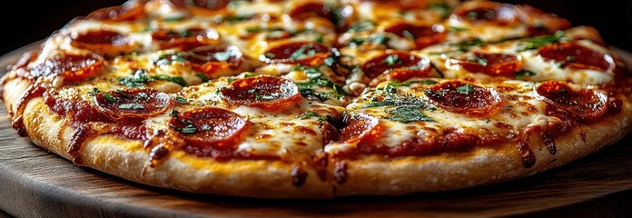 Classic pizza with crispy crust, pepperoni, mozzarella, oregano, served on wooden board.