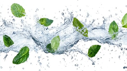 Fresh green mint leaves splashing in clear water on a white background