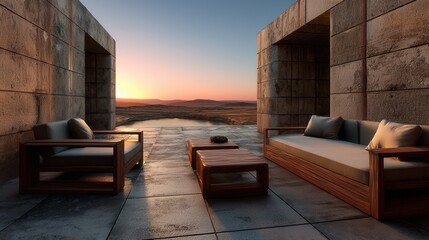 A luxury desert patio at sunset: aged concrete walls, modern wooden furniture, and a wide-angle view of the arid expanse.