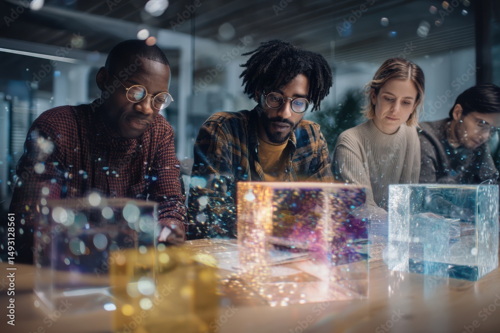 Aufkleber diverse team collaborating on holographic technology in modern office, illustrating innovation and d