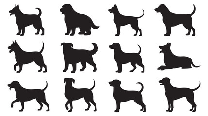 Silhouette Dog Icons Set, Different Poses and Breeds