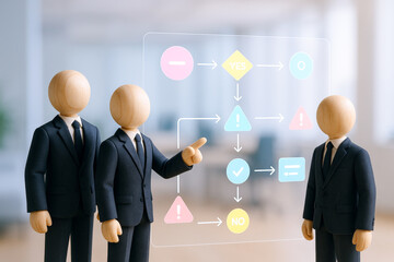 Three wooden mannequins dressed business suits interacting with digital flowchart transparent screen, illustrating leadership and teamwork