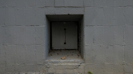 Small gray metal door providing access to a crawl space or basement area, set into a gray cinder block wall, suggesting a practical yet somewhat mysterious entrance.