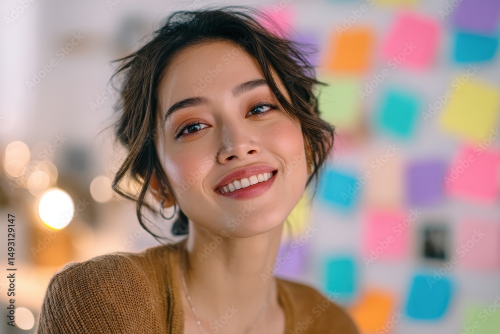 Poster smiling woman with colorful sticky notes in background, representing productivity and creative works
