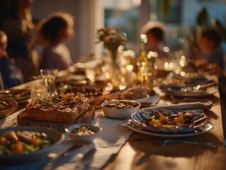 Obraz premium Festive Dinner Table with Family and Delicious Food, Representing Togetherness and Holiday Celebrations, Ideal for Social Media Marketing and Family Lifestyle Content : Generative AI