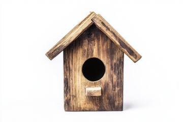 Rustic wooden birdhouse studio shot on white background front view simple design weathered wood grain empty hole bird sanctuary