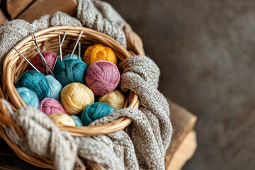 Knitting basket brimming with vibrant yarn balls and needles resting against a cozy backdrop