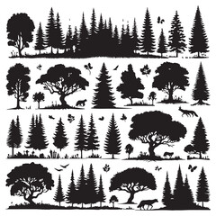 Vintage trees and forest silhouettes set with white baground