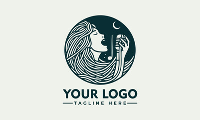 Vintage microphone illustration with musical notes and expressive hand gesture in decorative circular frame. Music concept
